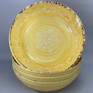 4 CYNTHIA ROWLEY Yellow Tuscan Scroll MELAMINE Medallion Pasta Cereal Bowls